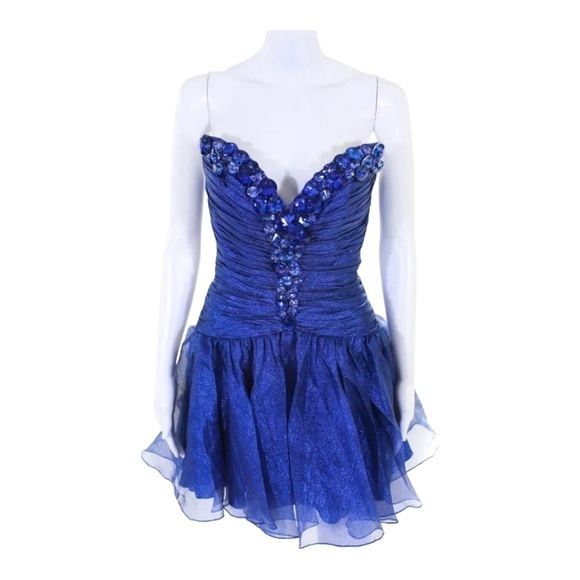 NEW SHERRI HILL Royal Blue Crystal Beaded Ruched Metallic Flare Mini Dres Size 4 - Picture 5 of 9